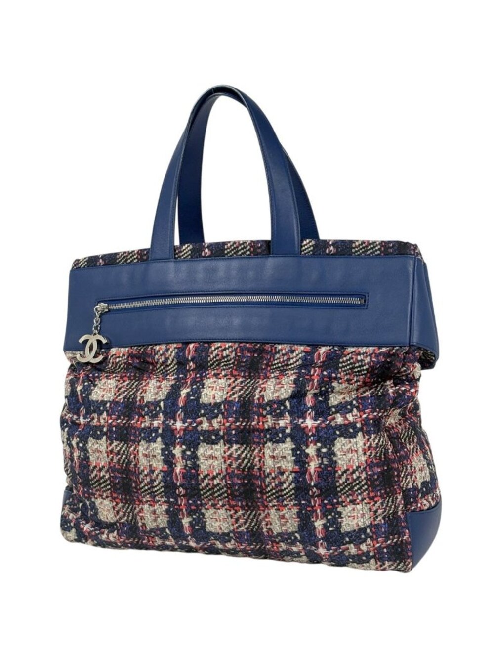 Chanel CC Logo Tote Tweed Print Nylon Navy Red Multicolor